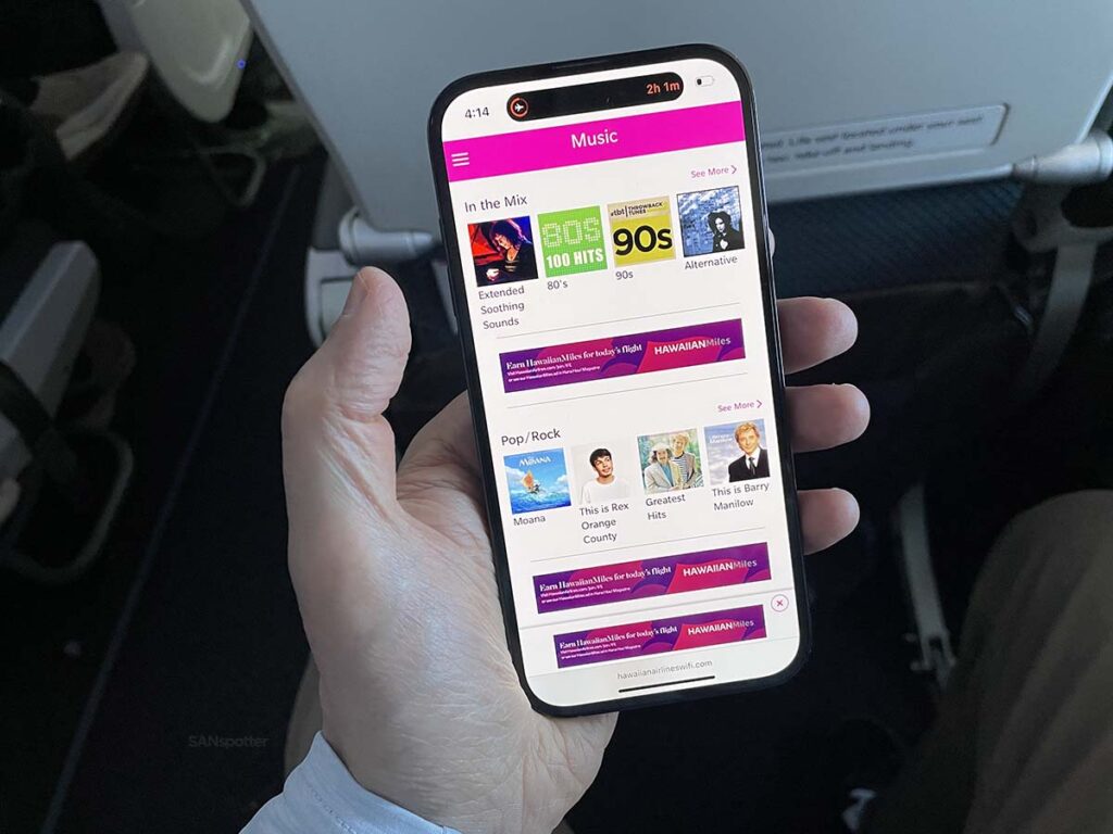 In-flight entertainment music main screen Hawaiian Airlines A321neo Extra Comfort