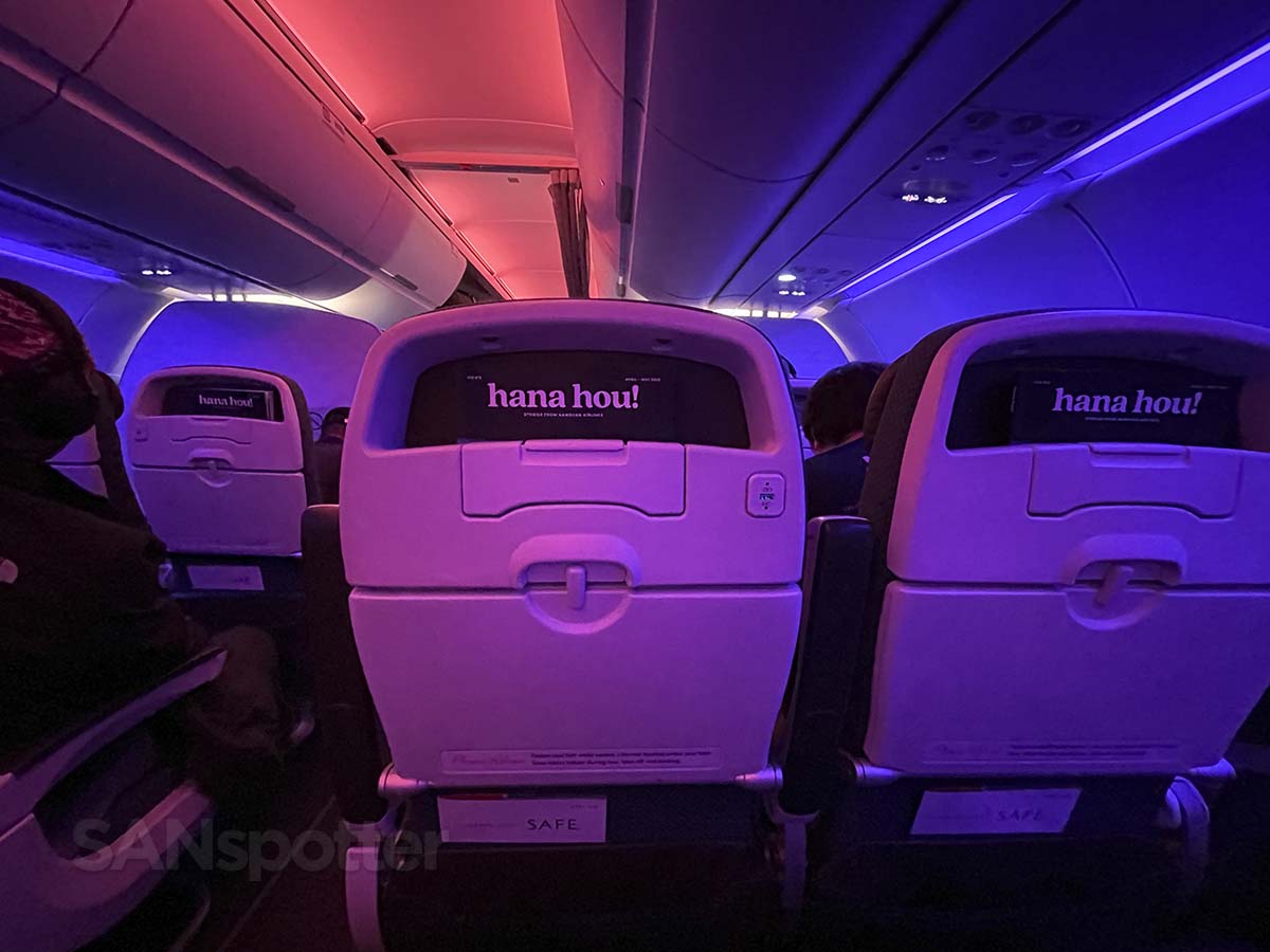 Hawaiian Airlines A321neo Extra Comfort deep purple and pink mood lighting