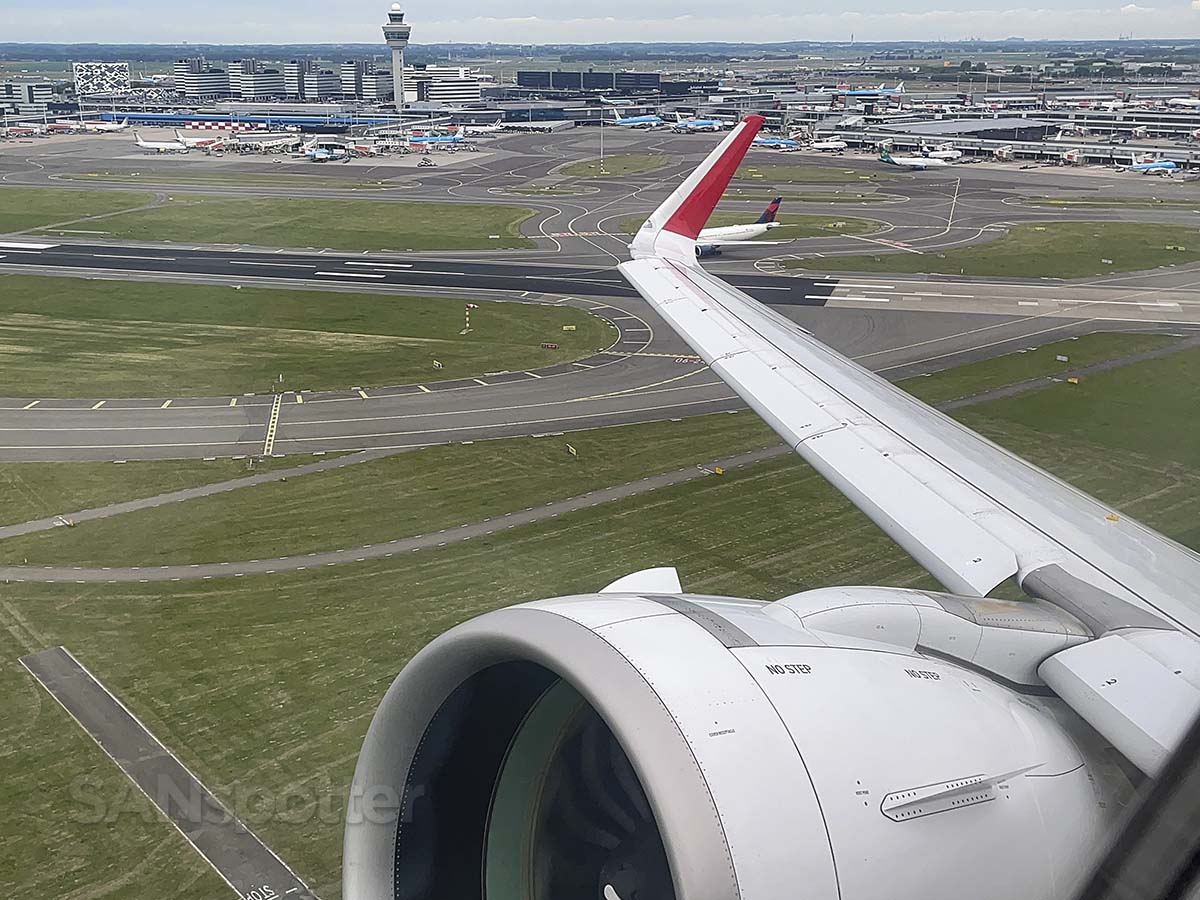 Austrian Airlines A320neo taking off from Amsterdam airport