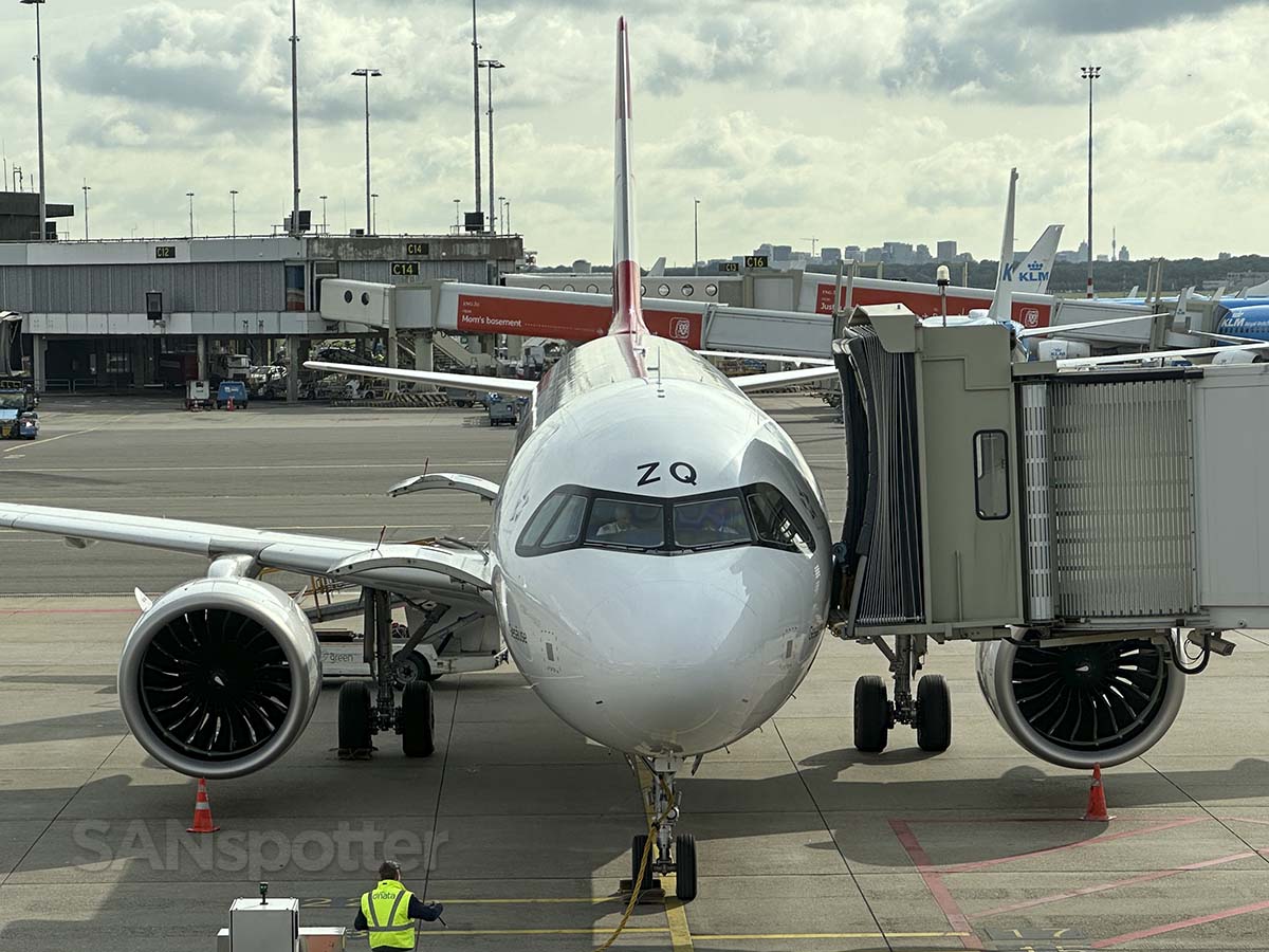 Austrian Airlines A320neo OE-LZQ parked at Concourse B Amsterdam airport