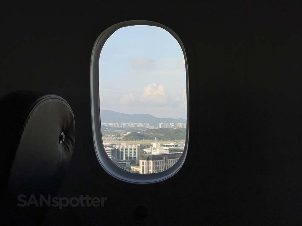 Looking out the window of a Air Premia 787-9 while landing at Incheon Airport