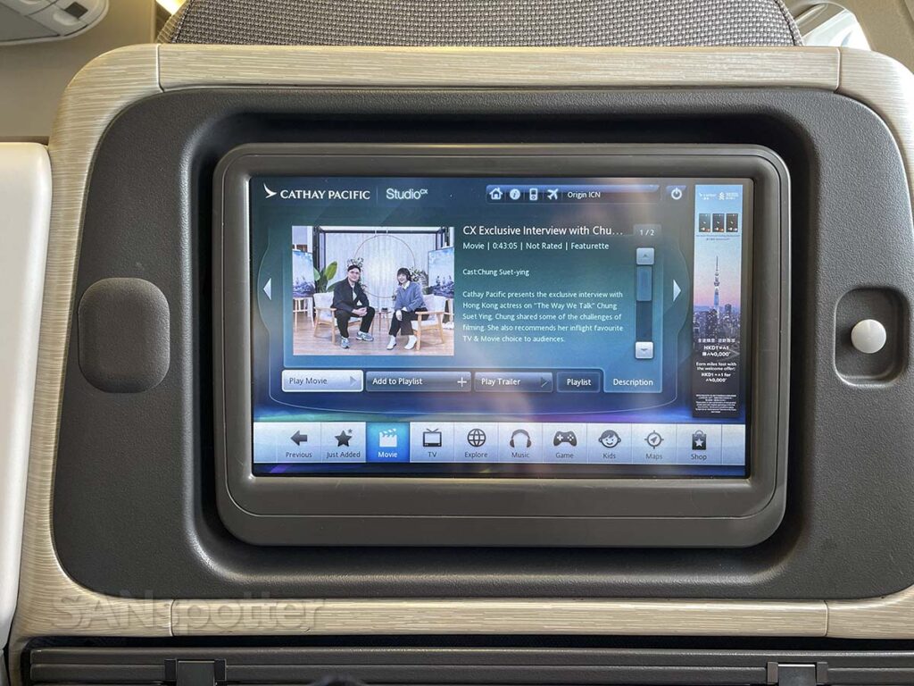 Cathay Pacific A330-300 business class Studio CX movie detail screen