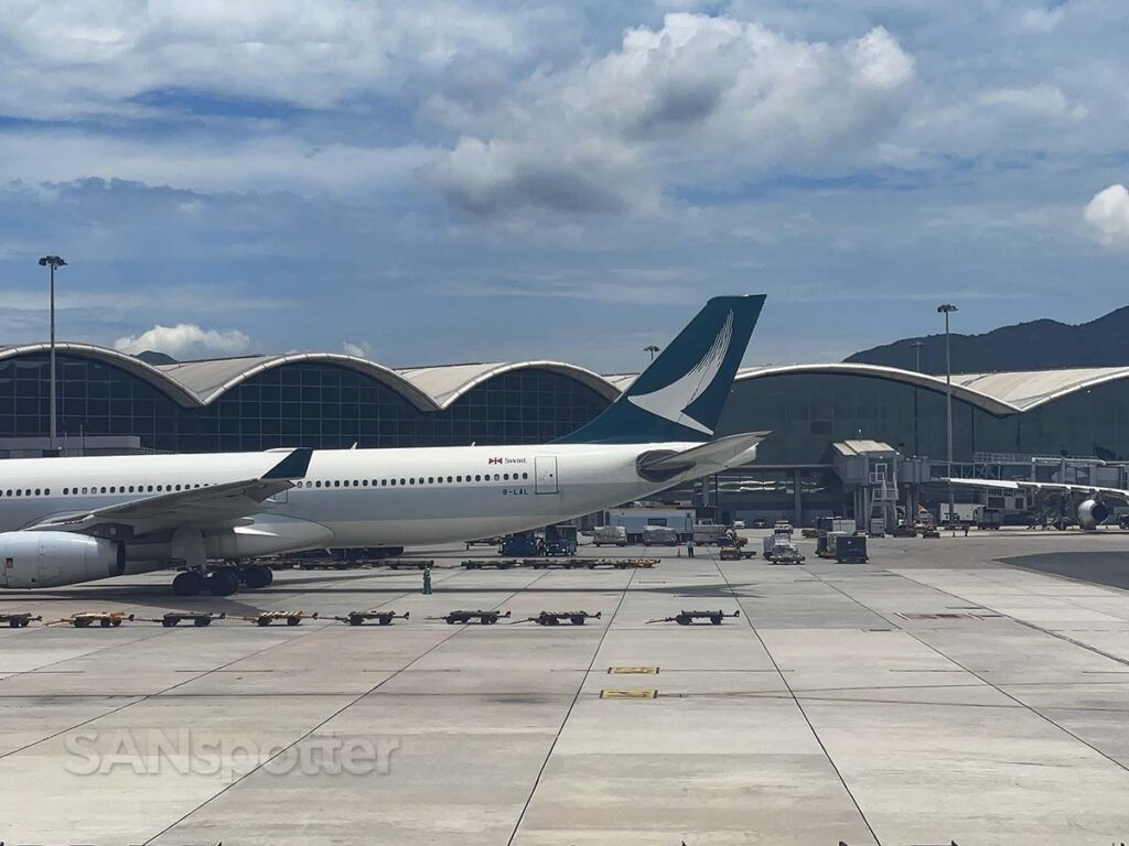 Cathay Pacific A330-300 parked at the gate at the Hong Kong international airport