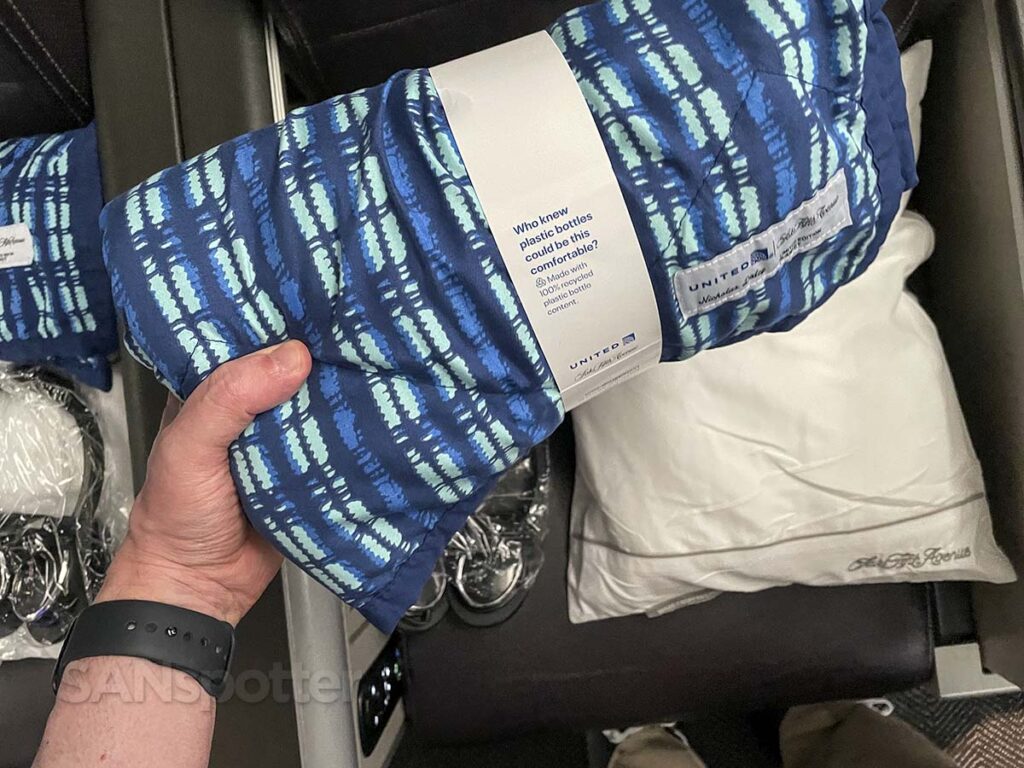 United Airlines 777-300ER Premium Plus Saks Fifth Avenue blanket and pillow
