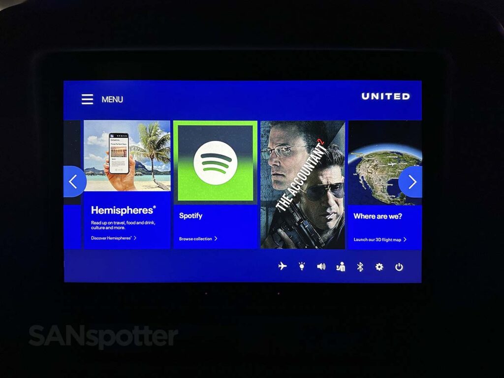 United Airlines 777-300ER Premium Plus video entertainment music menu
