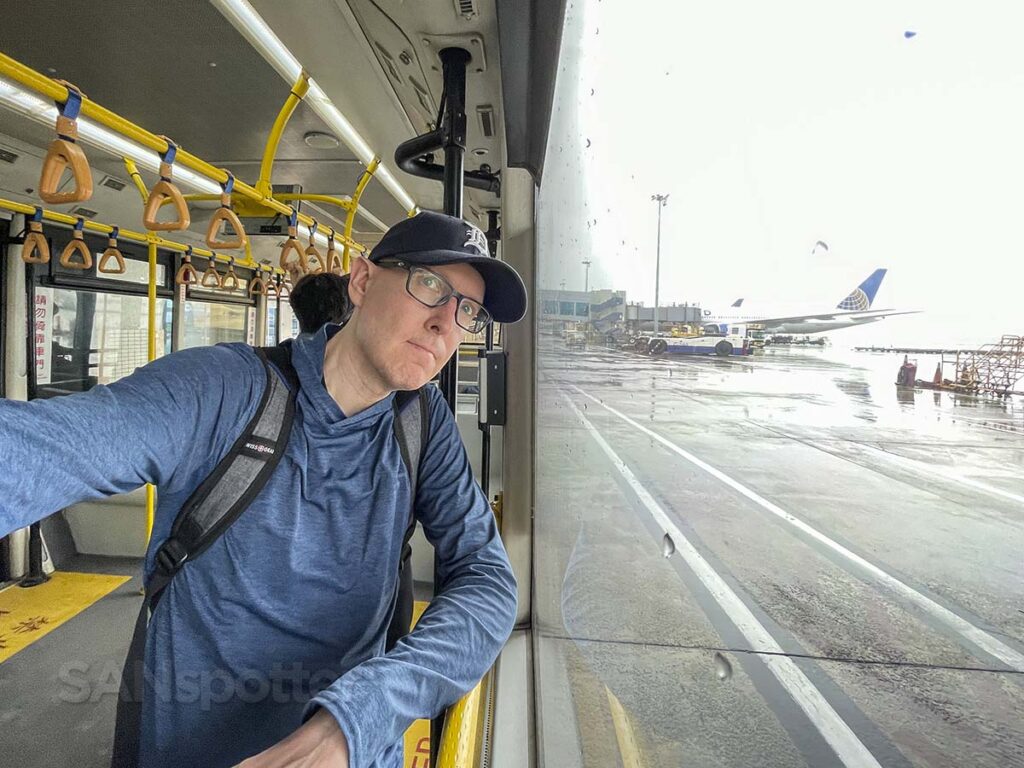 Scott (SANspotter) riding the bus to a remote gate at the Taipei international airport