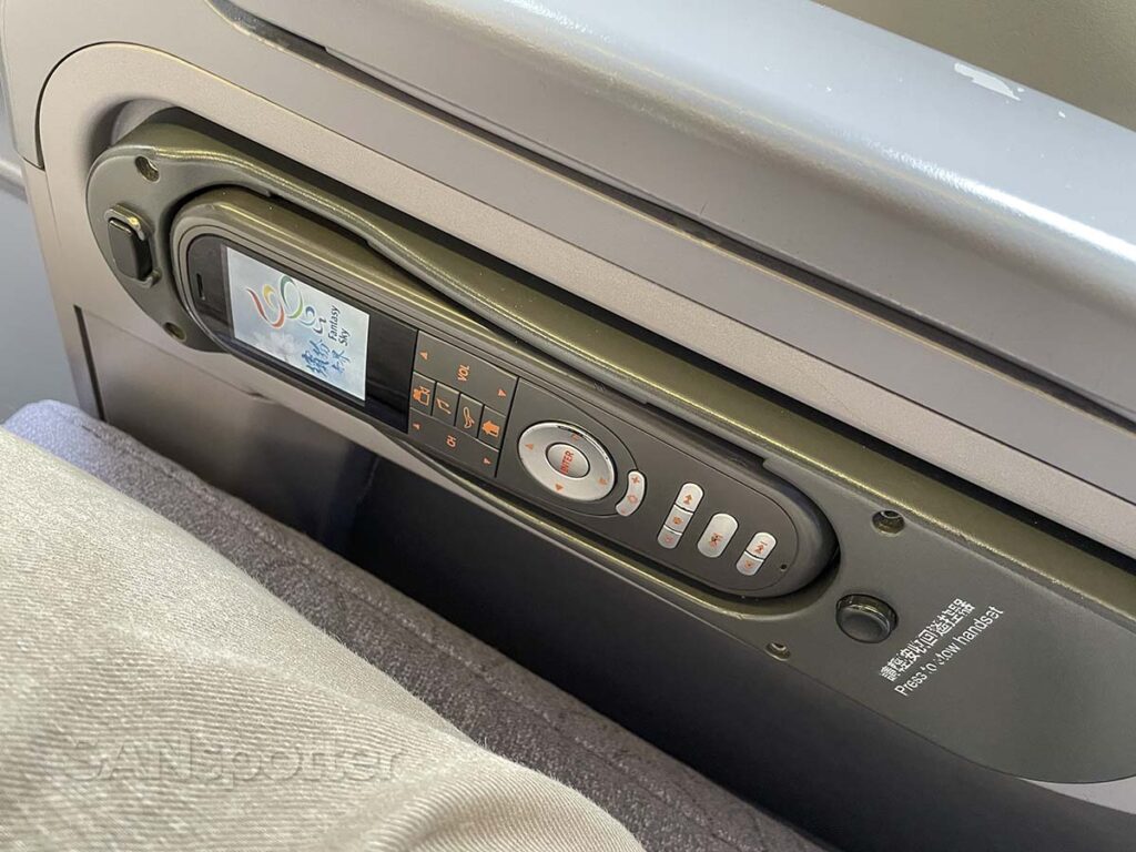 China Airlines A330-300 business class entertainment system remote control built into the armrest