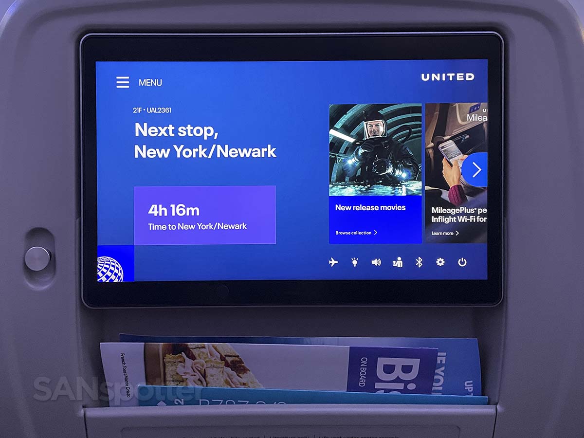 United Airlines 787-9 premium plus video entertainment home screen