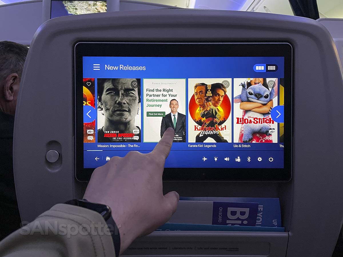 United Airlines 787-9 premium plus entertainment system new releases menu