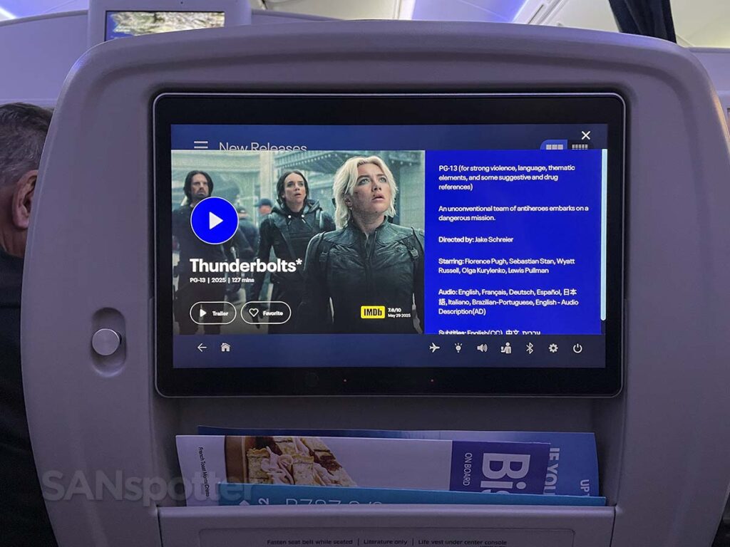 United Airlines 787-9 premium plus entertainment system movie description screen