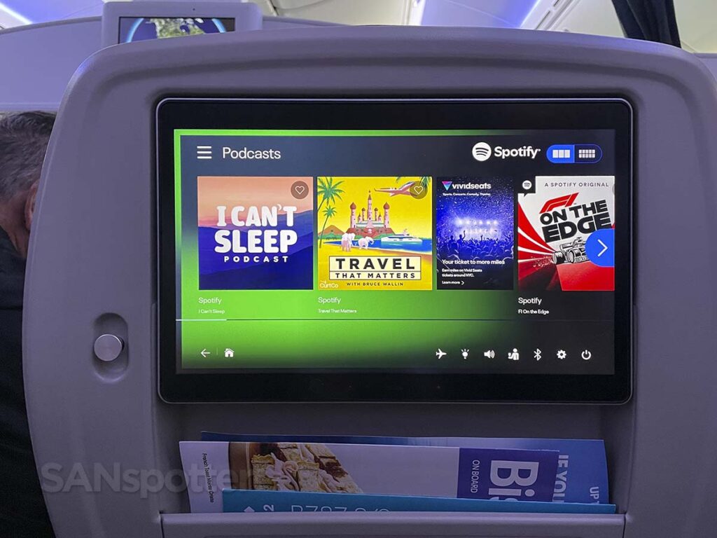 United Airlines 787-9 premium plus entertainment system podcasts menu