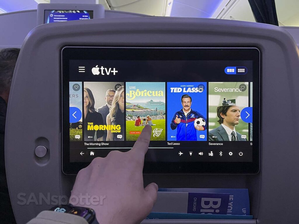 United Airlines 787-9 premium plus entertainment system Apple TV+