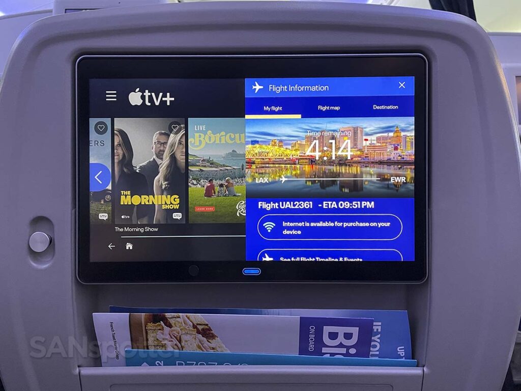United Airlines 787-9 premium plus entertainment system flight information sidebar menu