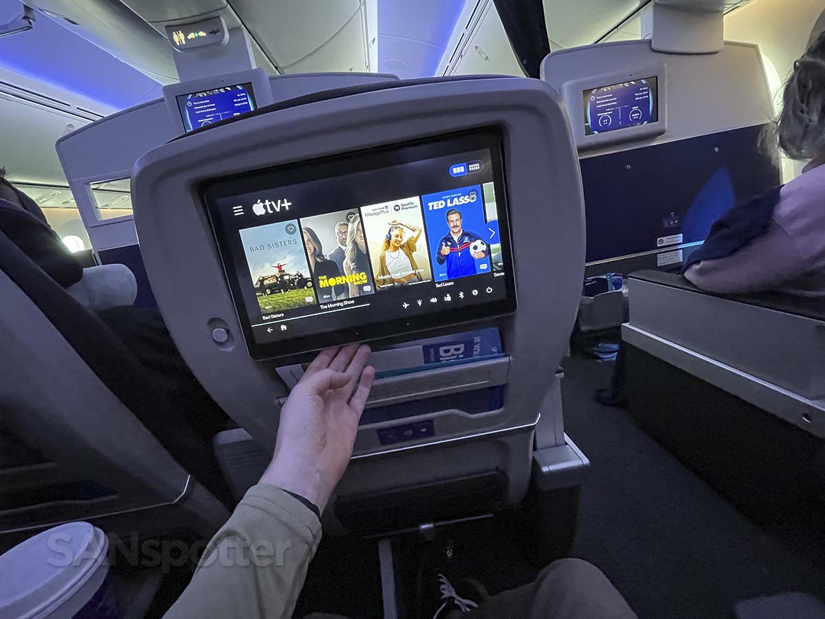 United Airlines 787-9 premium plus adjustable video screen