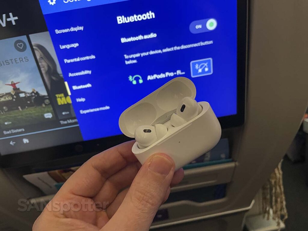 Using my AirPods to listen to the in-flight entertainment system via Bluetooth in United Airlines 787-9 premium plus