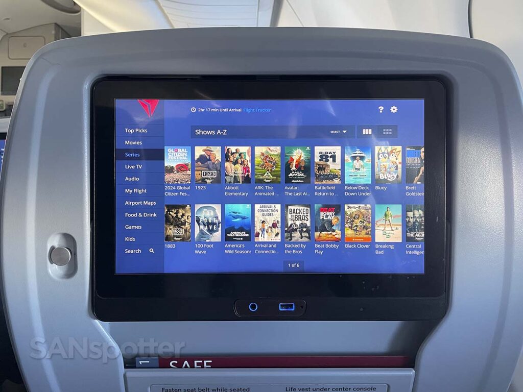 Delta A220-100 first class TV show menu
