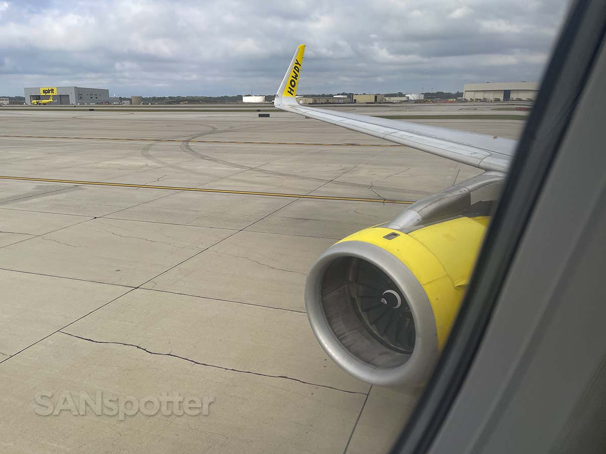 Spirit Airlines A320 view of engine and wing from seat 1F