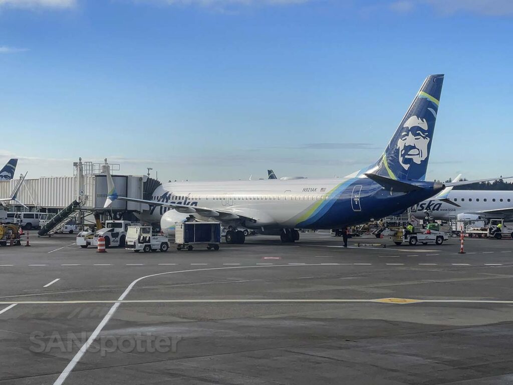 Alaska Airlines 737 MAX 9 parked at the gate Seattle Tacoma airport