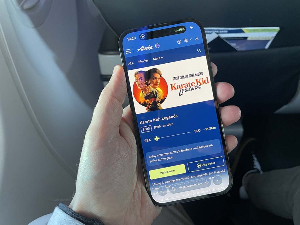 Movie detail screen Alaska Airlines 737-900ER first class in-flight entertainment