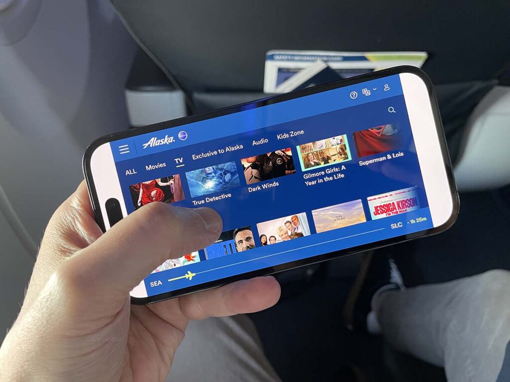 TV show menu Alaska Airlines 737-900ER first class streaming in-flight entertainment