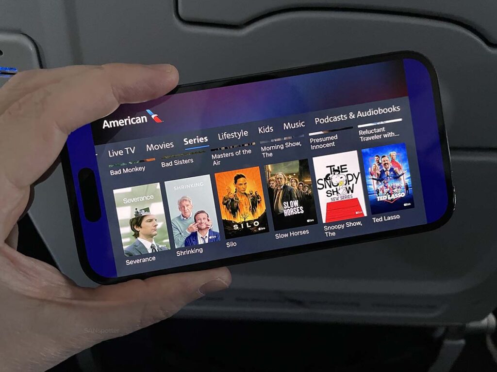 American Airlines A321 economy TV series menu