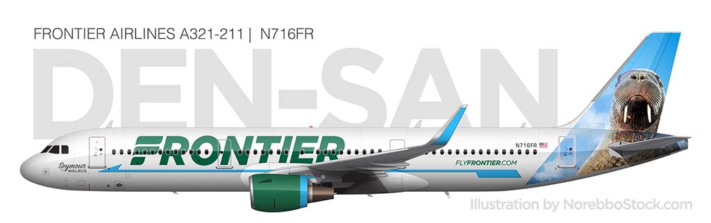 Frontier Airlines A321 (‘Seymour The Walrus’) side view illustration