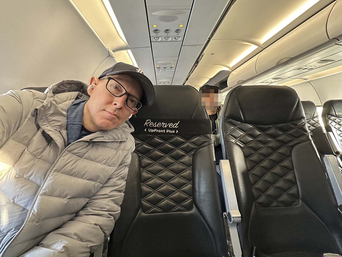 Scott Leazenby sitting in seat 2F Frontier Airlines A321 UpFront Plus