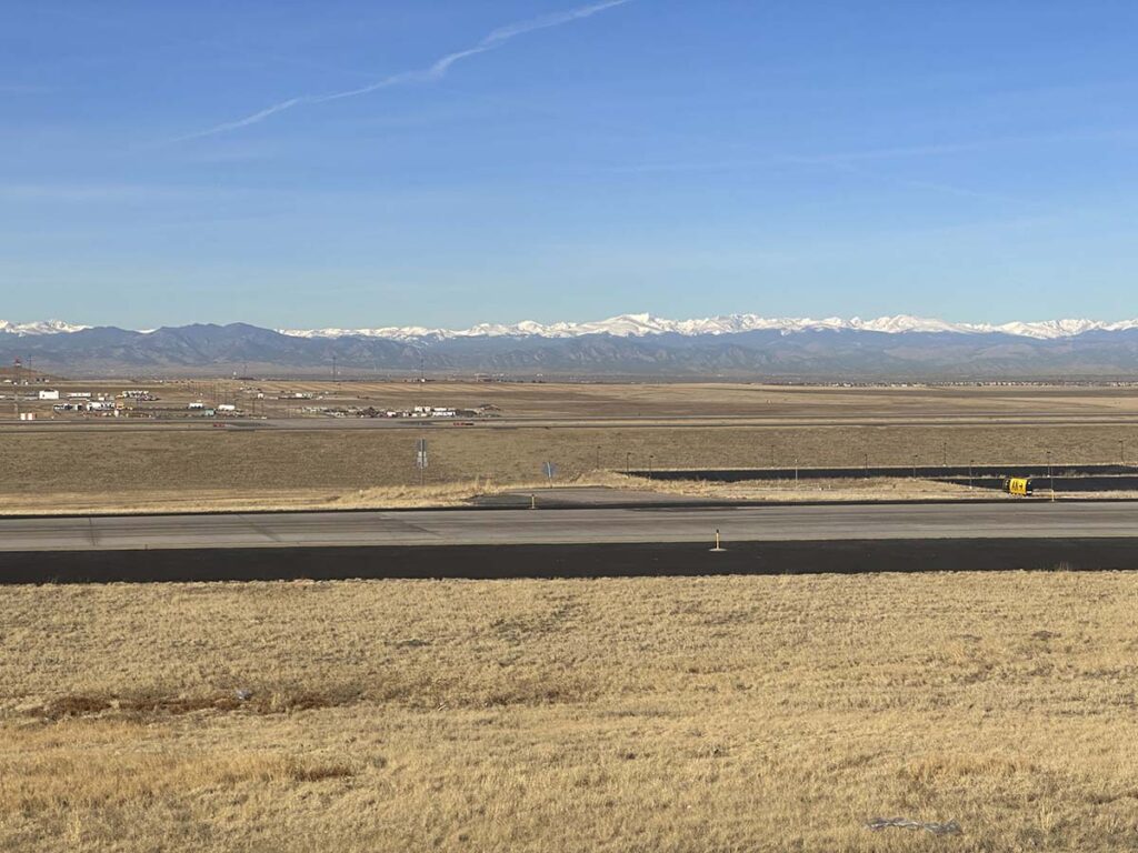 View of the front range of the Rocky Mountains from the Denver International Airport