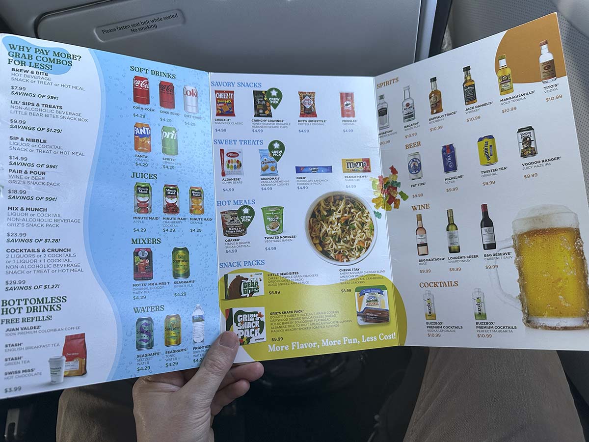 Frontier Airlines in flight drink and snack menu