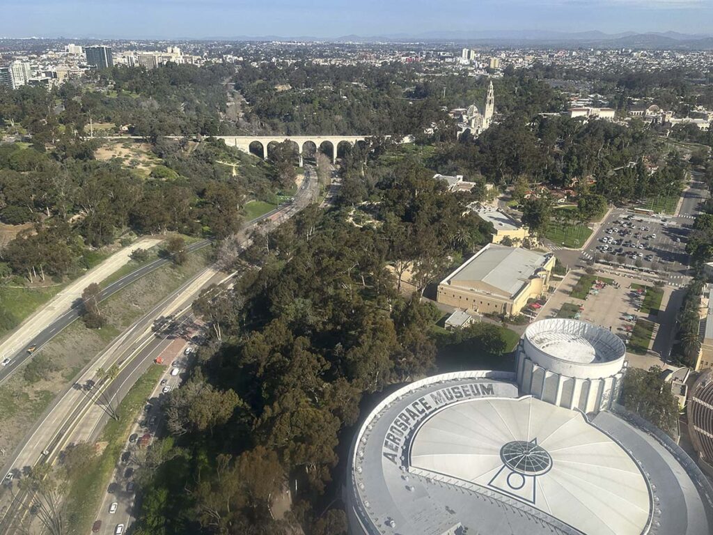 Flying over the air and space Museum in Balboa Park while on approach to the San Diego Airport