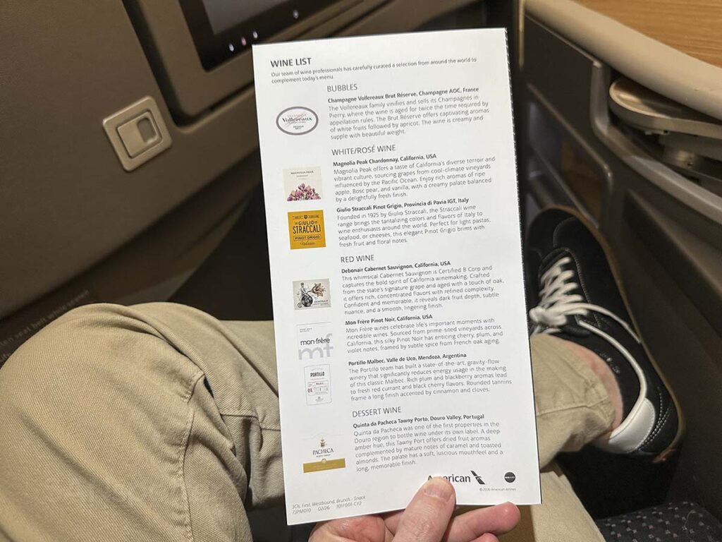 American Airlines A321T Flagship First wine list