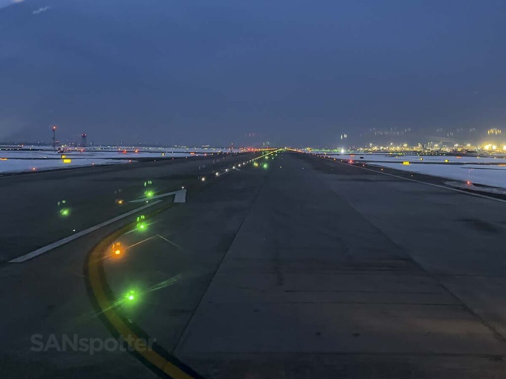 Turning onto runway 22R at JFK at sunrise in the winter time