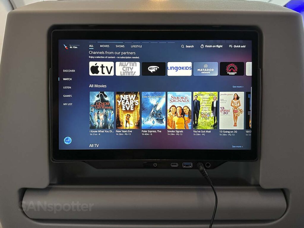 American Airlines A321XLR premium economy in flight entertainment movie selection