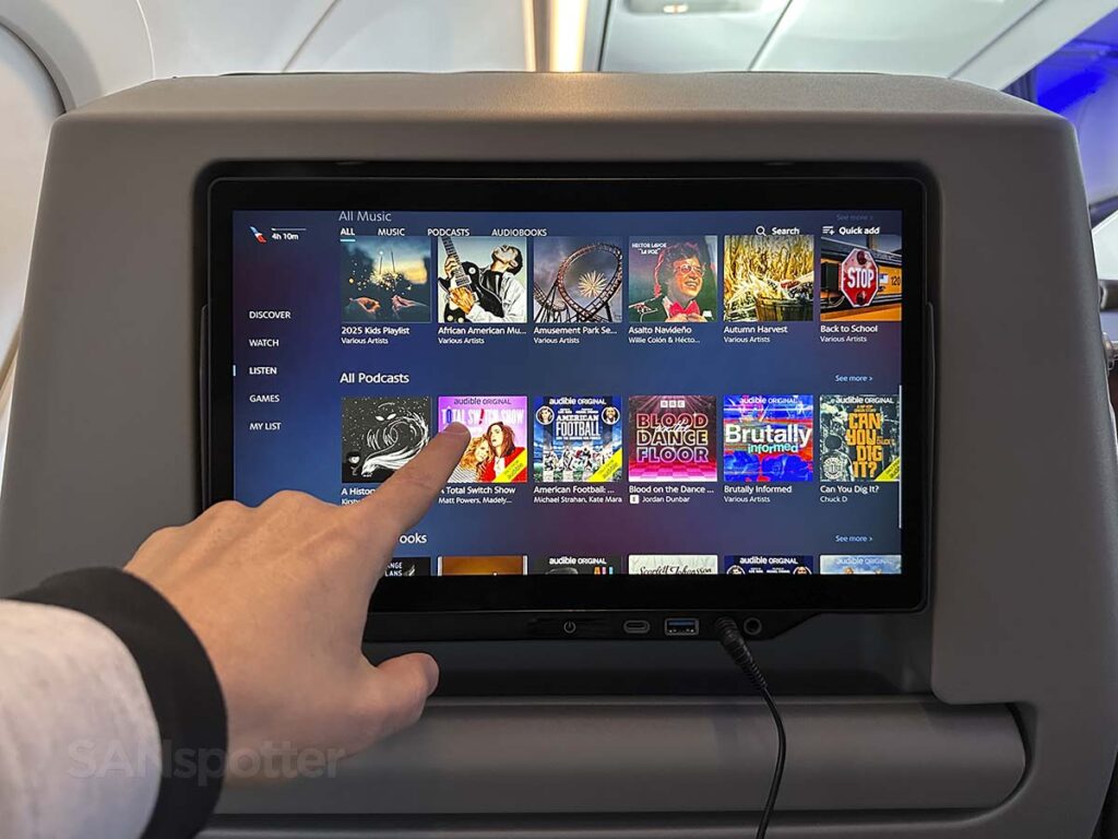 American Airlines A321XLR premium economy in flight entertainment podcasts