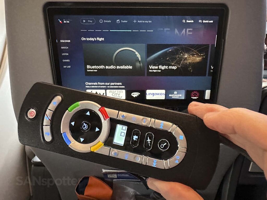 American Airlines A321XLR premium economy in-flight entertainment remote control front