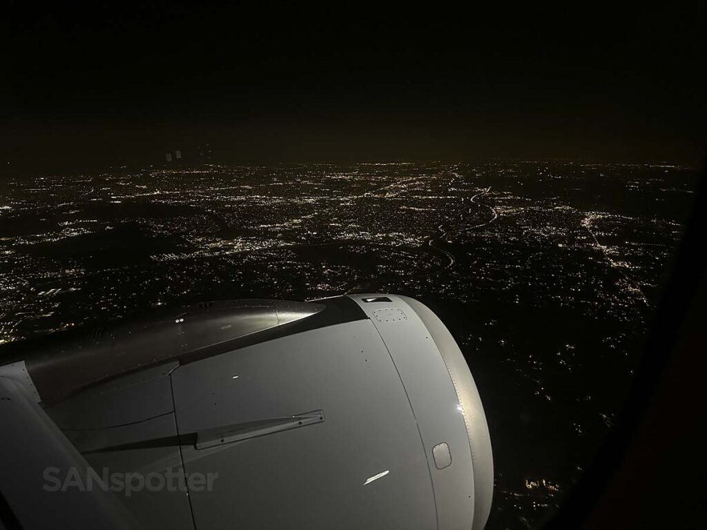 Sitting out the window of an American Airlines A321XLR from seat 13A on approach into JFK at night