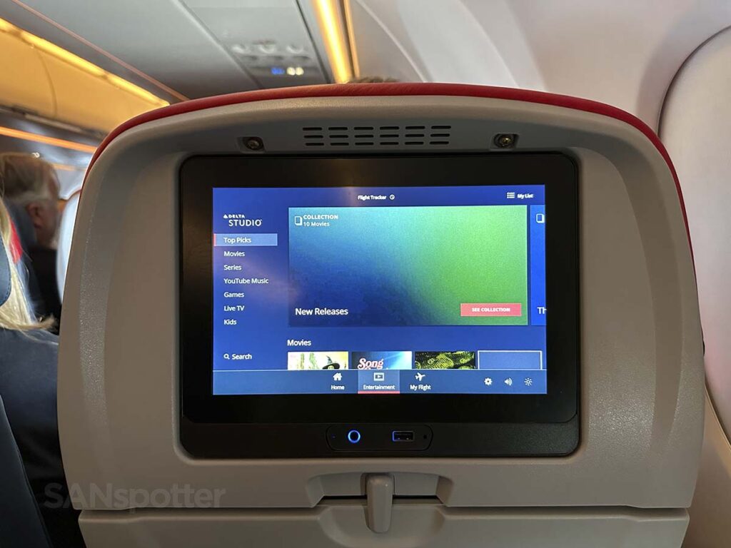 Delta A321neo Comfort Plus in-flight entertainment movies menu