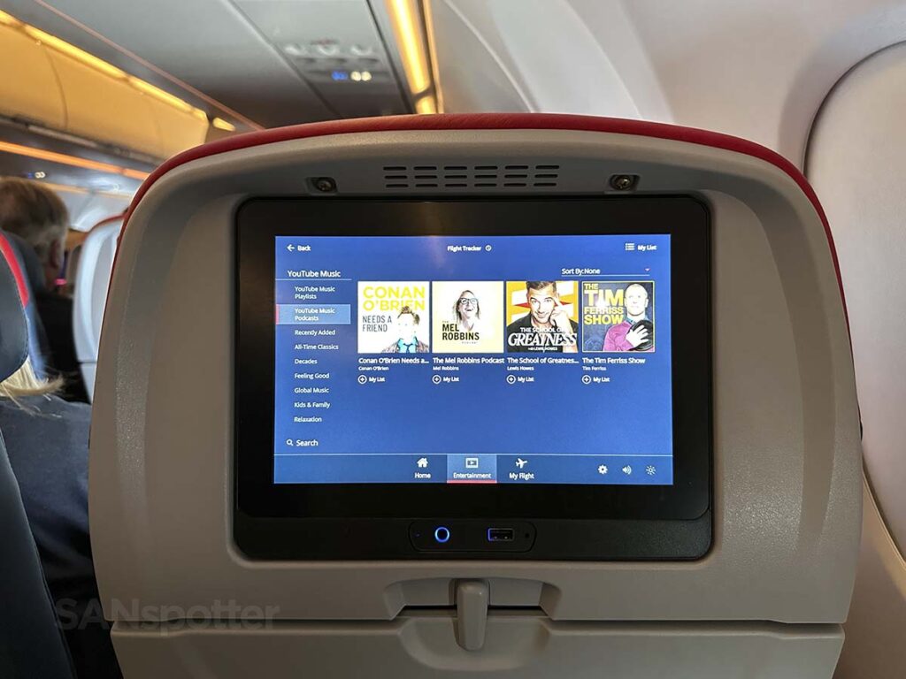 Delta A321neo Comfort Plus in-flight entertainment YouTube music podcasts