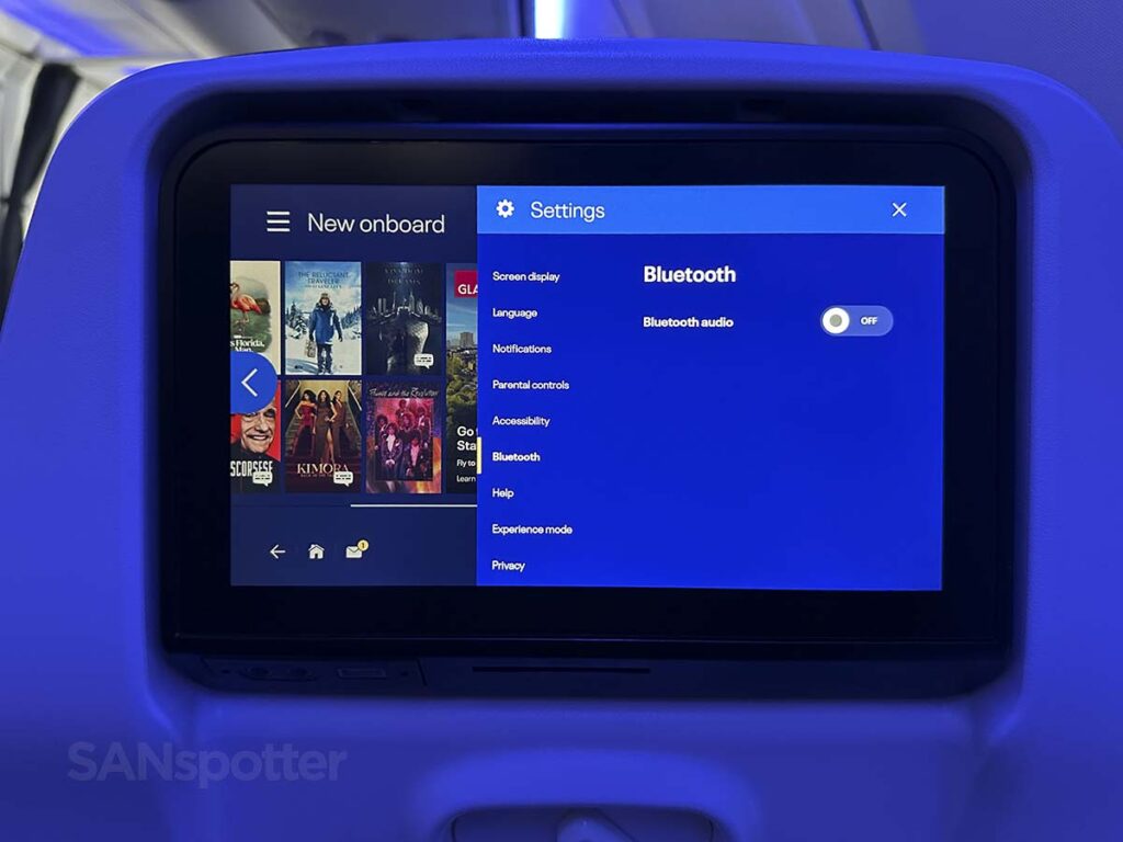 United 737 MAX 9 Economy Plus in-flight entertainment system settings showing Bluetooth options
