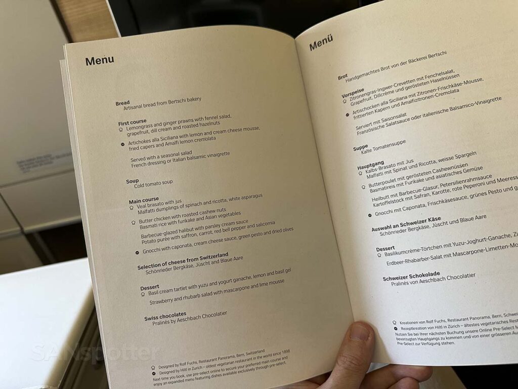 Swiss 777-300ER business class dinner and lunch menu
