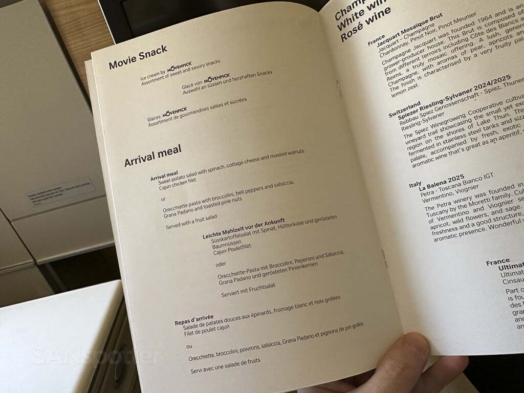 Swiss 777-300ER business class mid flight snack and arrival meal menu