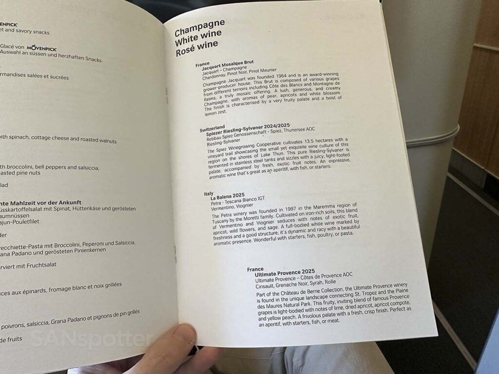 Swiss 777-300ER business class wine list