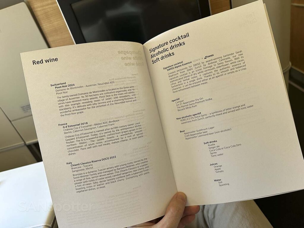 Swiss 777-300ER business class wine and drink list