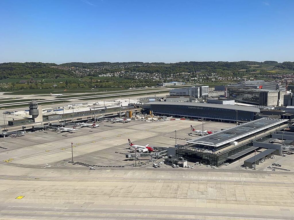 Looking down on Zürich Airport just moments after taking off from runway 16
