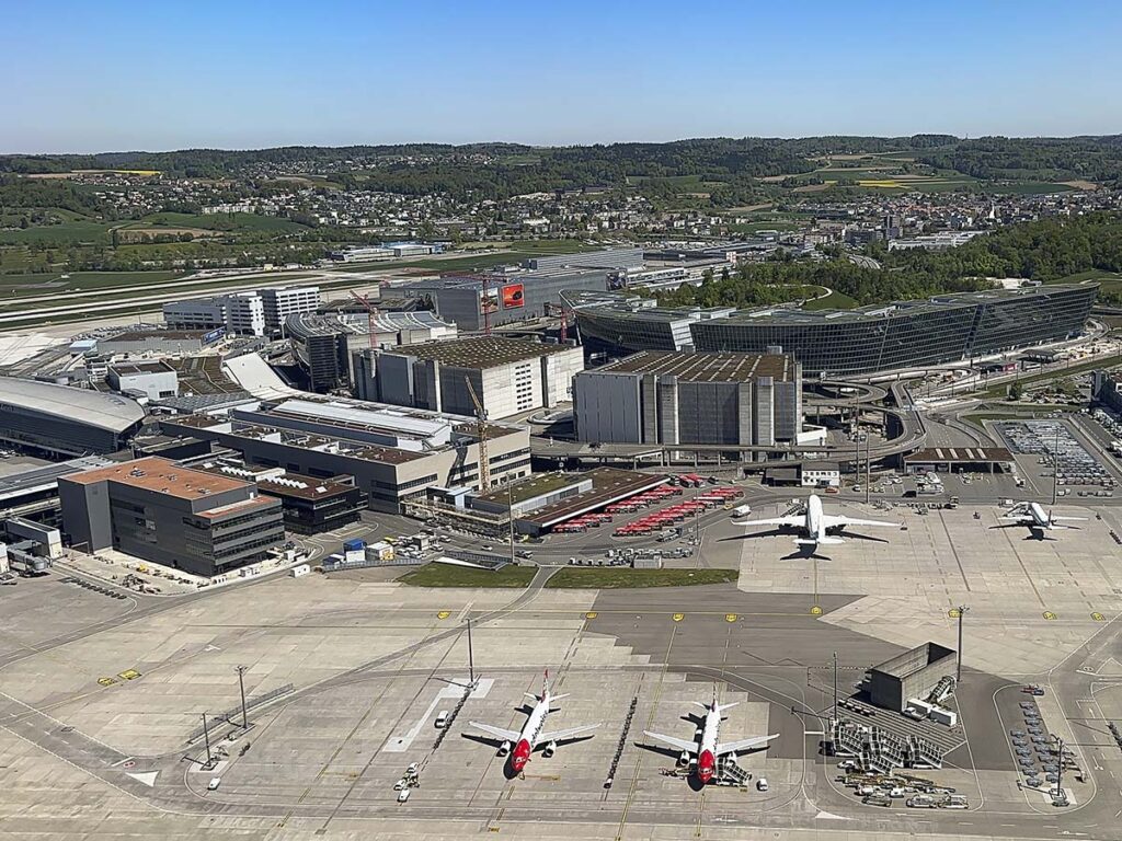 Looking down on the terminal buildings at ZRH just moments after taking off from runway 16
