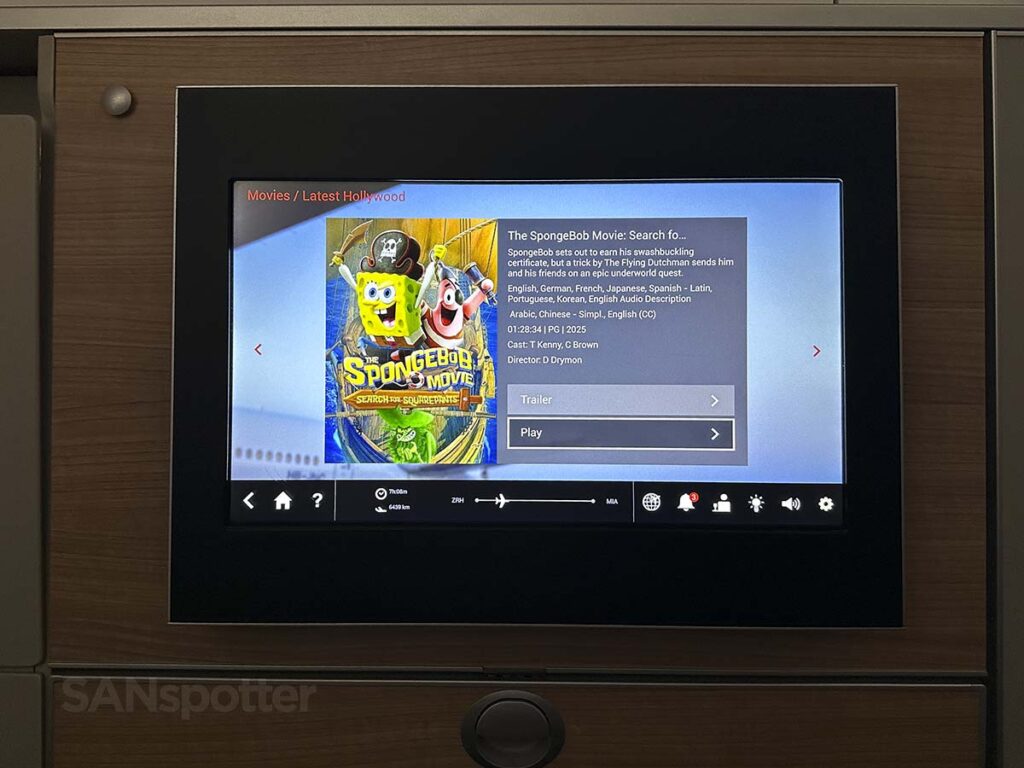 Swiss 777-300ER business class in flight entertainment movie detail screen