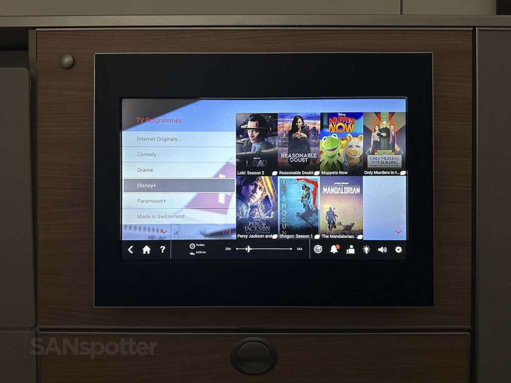 Swiss 777-300ER business class in flight entertainment Disney+ menu