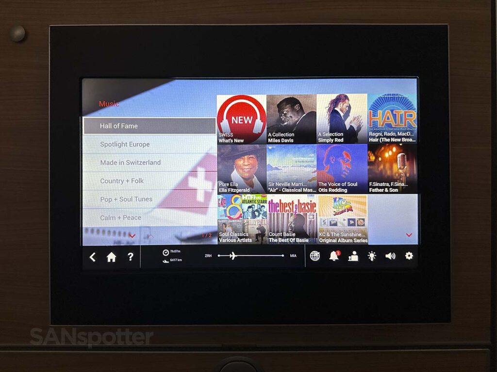 Swiss 777-300ER business class in flight entertainment music menu