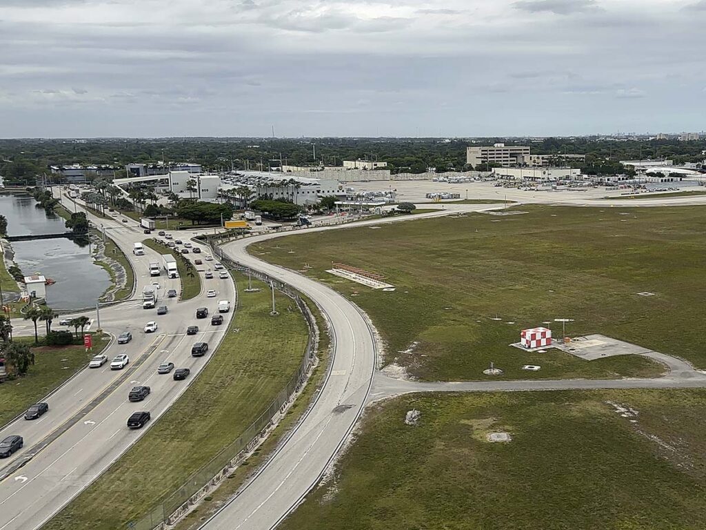 The view looking out the window on short final for runway 12 at MIA