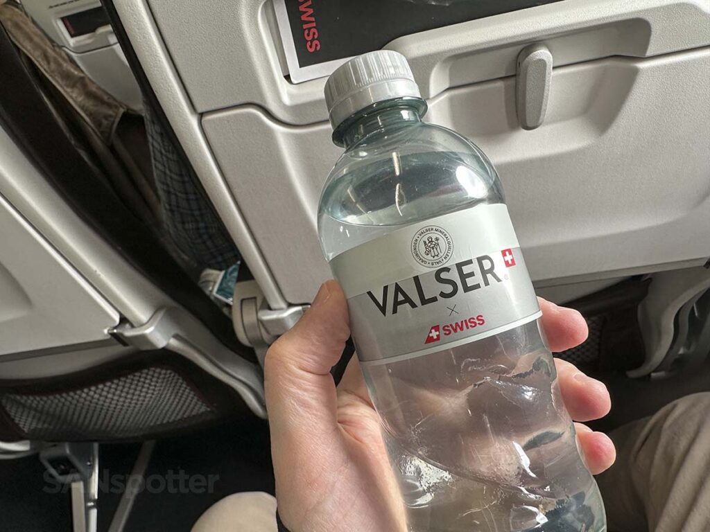 Swiss A320neo business class complementary bottled water served before departure